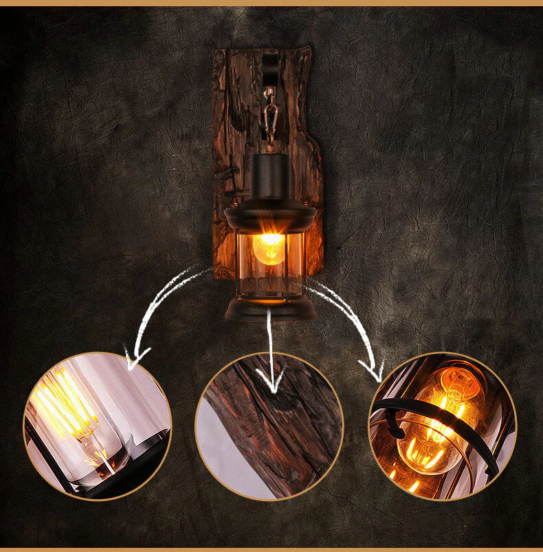 Cilindrische Glas- en Houten Wandlamp