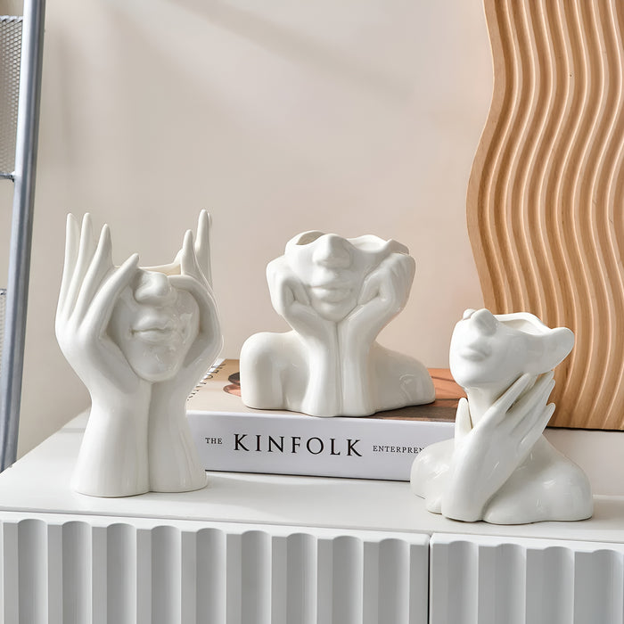 FloralFace – Artistieke Keramische Vaas met Menselijk Gezicht Design