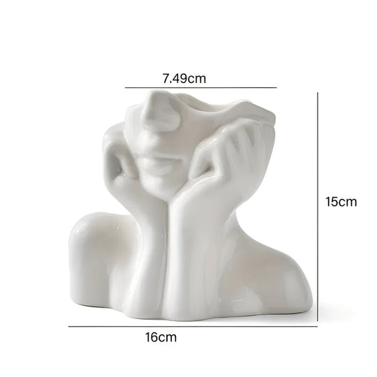 FloralFace – Artistieke Keramische Vaas met Menselijk Gezicht Design