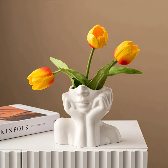 FloralFace – Artistieke Keramische Vaas met Menselijk Gezicht Design