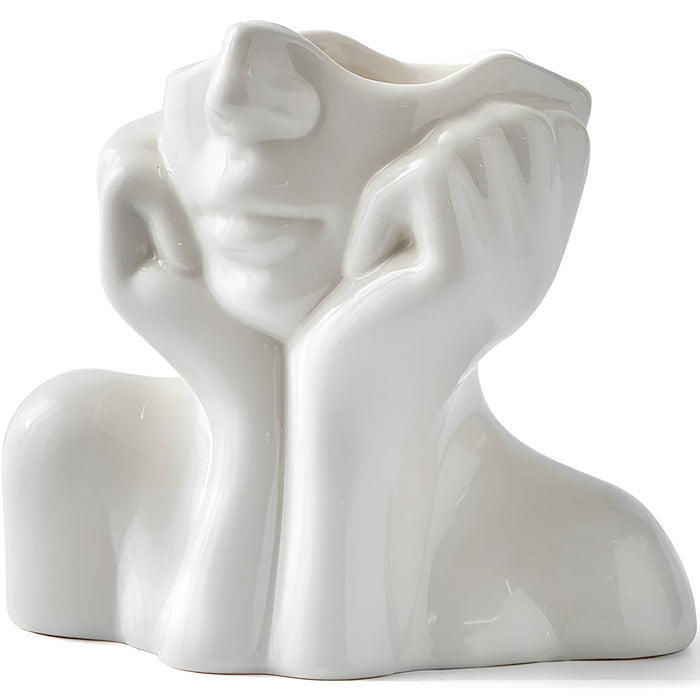 FloralFace – Artistieke Keramische Vaas met Menselijk Gezicht Design