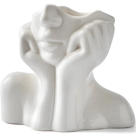 FloralFace – Artistieke Keramische Vaas met Menselijk Gezicht Design