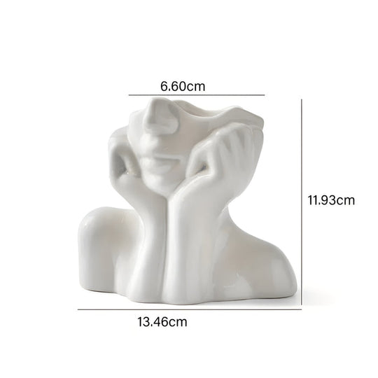 FloralFace – Artistieke Keramische Vaas met Menselijk Gezicht Design