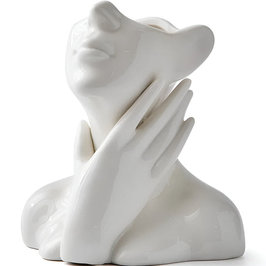 FloralFace – Artistieke Keramische Vaas met Menselijk Gezicht Design