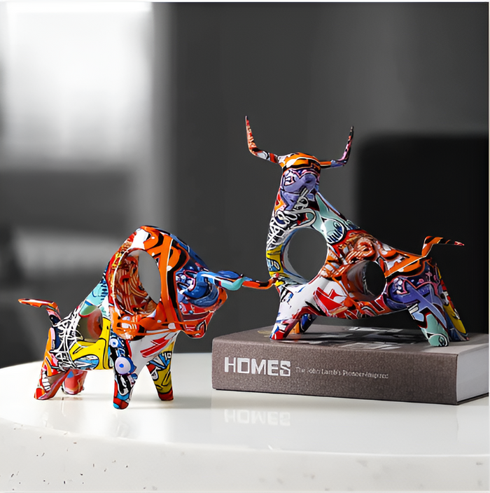 Graffiti Koe Bedel – Handgemaakte Miniatuur Koeen Standbeeld voor Bureau Decoratie