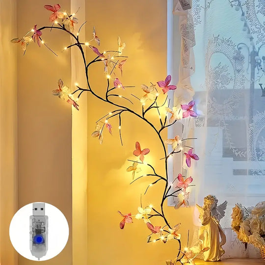 Flexibele LED Wilgentak Nachtlamp met Vlinderdecoraties