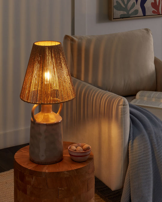 Tafellamp | Keramische Lamp met Rieten Kap