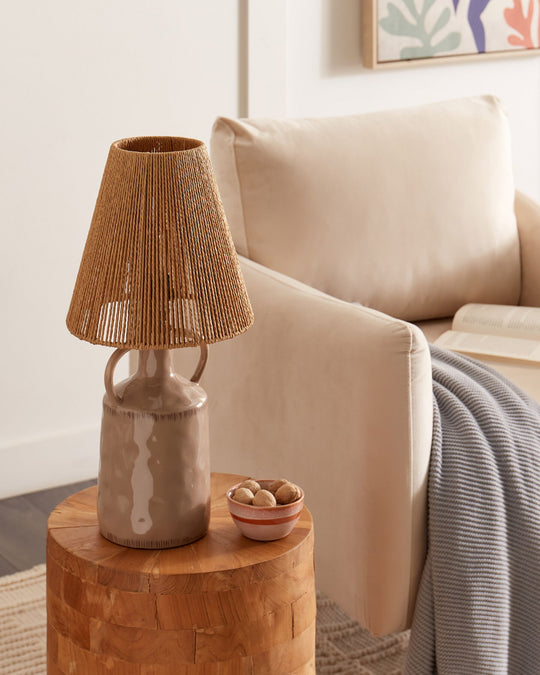 Tafellamp | Keramische Lamp met Rieten Kap