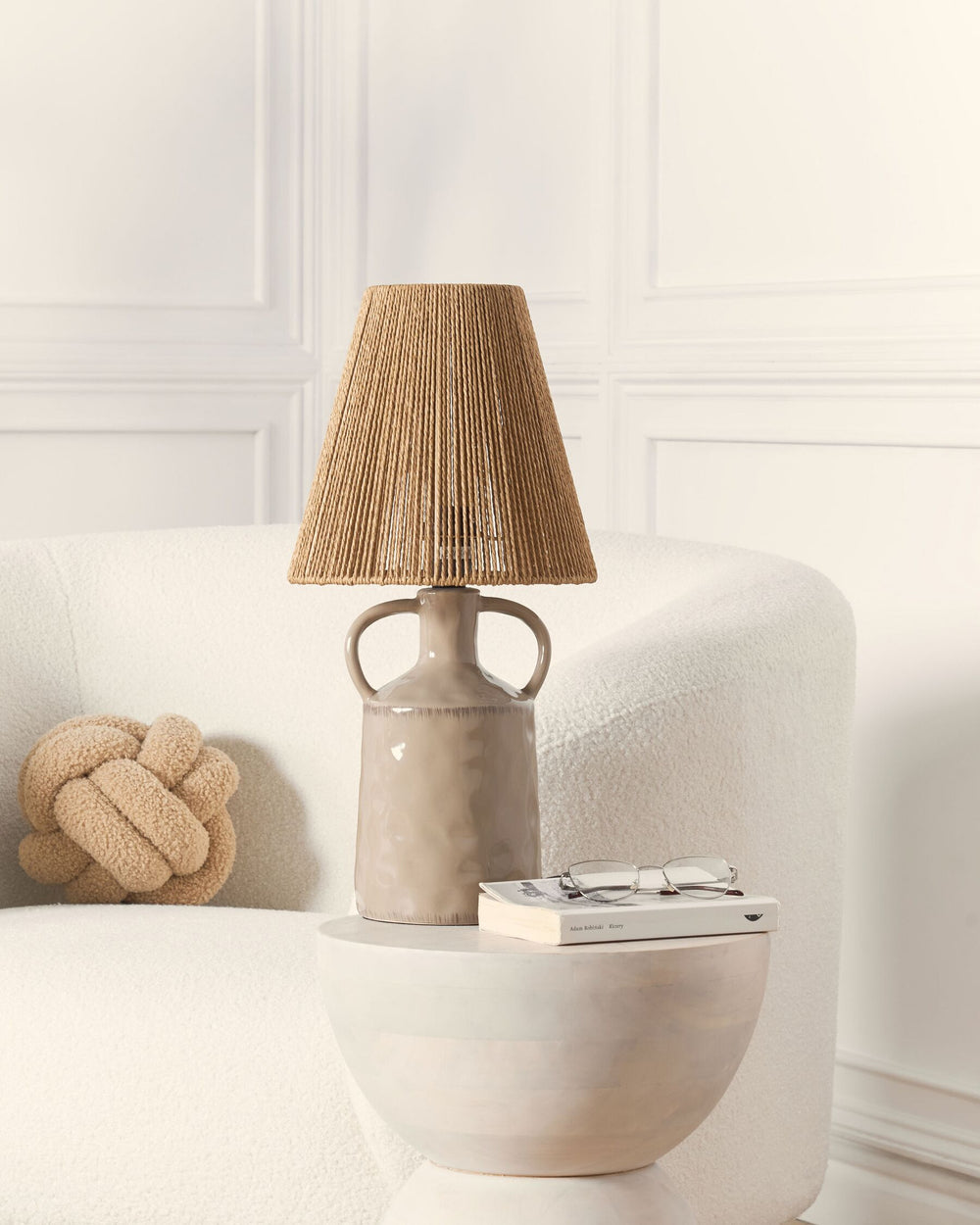 Tafellamp | Keramische Lamp met Rieten Kap
